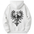 White hoodie with a black and white eagle design on the back against a white background