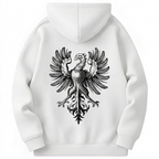 White hoodie with a black and white eagle design on the back against a white background