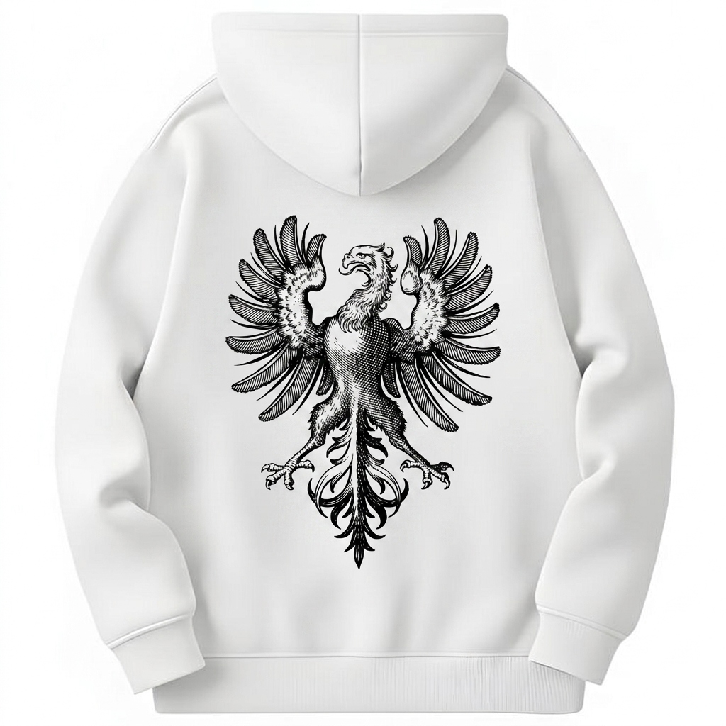 White hoodie with a black and white eagle design on the back against a white background
