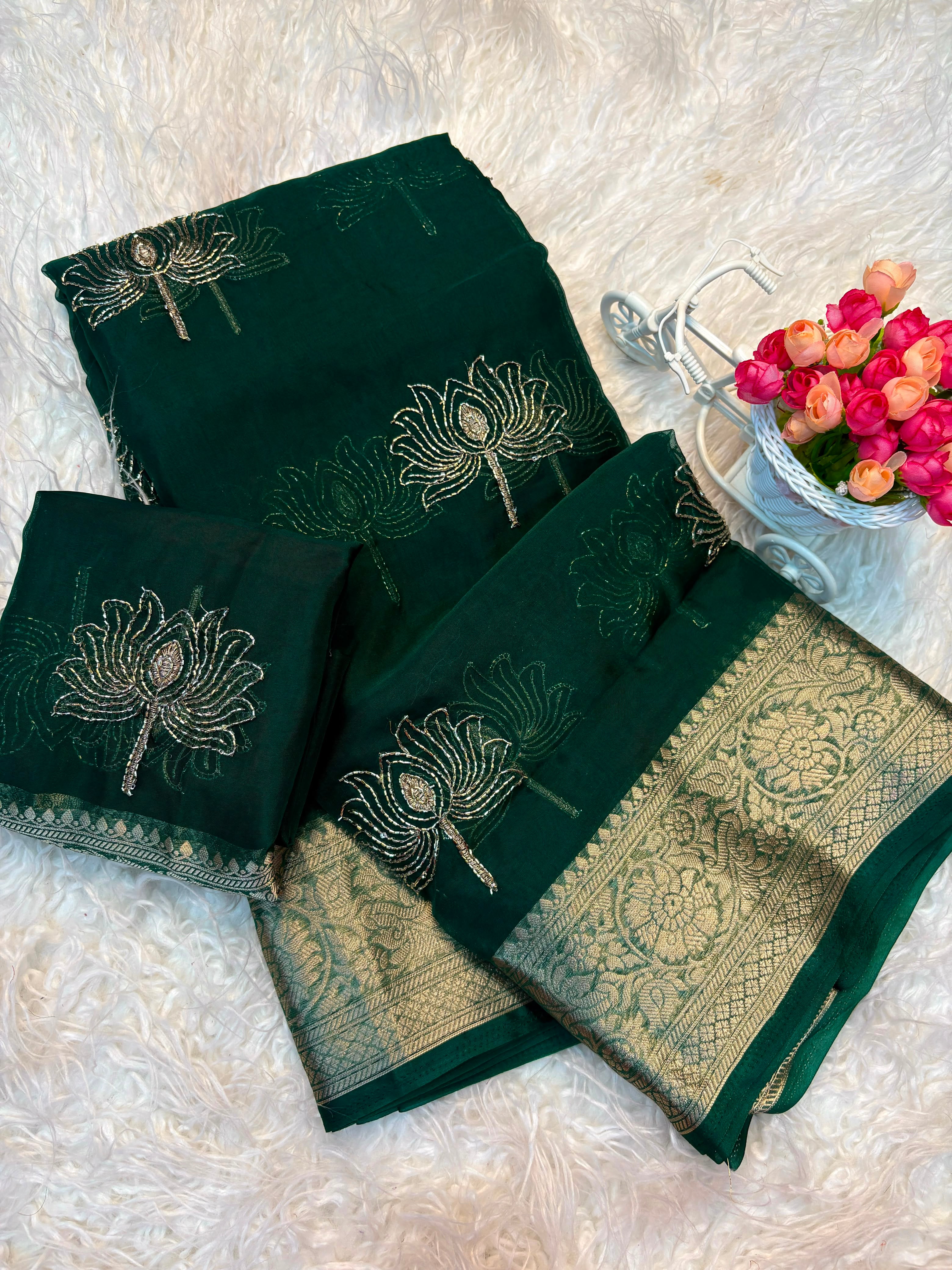 Designer Lotus Beadwork Party Wear Saree