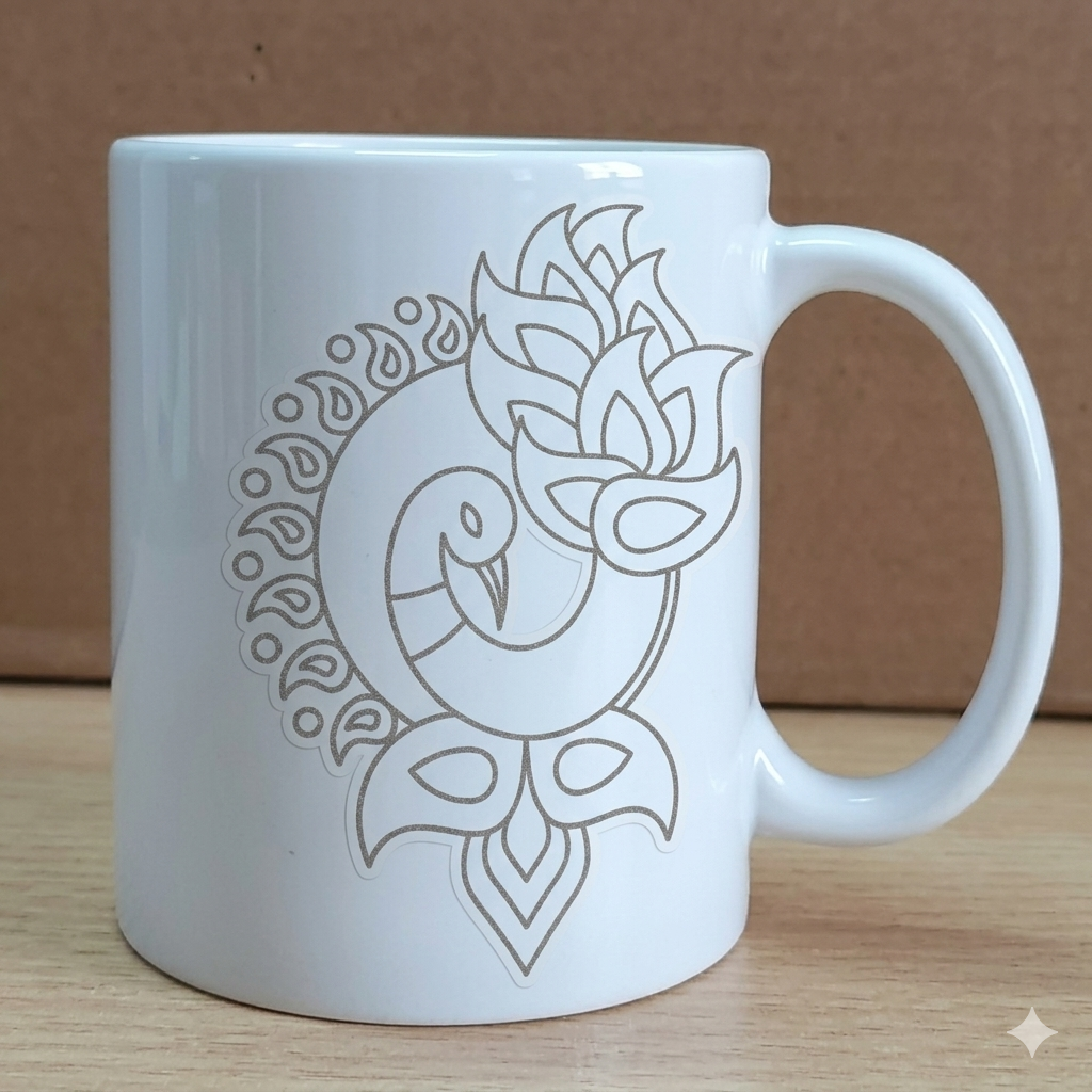 White mug with a decorative bird design on a wooden surface and brown background
