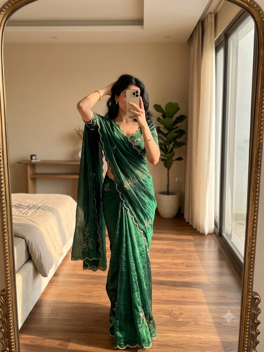 Sunflower Space Silk Satin Saree with Hand Khatli & Cutdana Work
