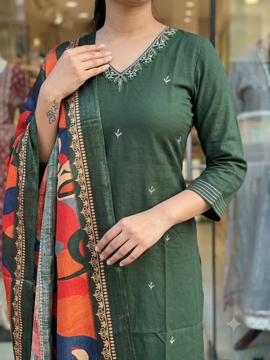 Cotton Straight Kurta Pant Dupatta Set with Zari Work