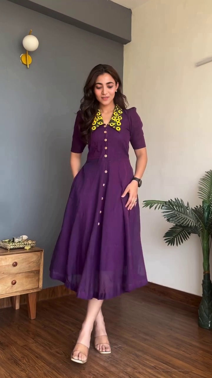 Embroidered Cotton Shirt Collar Dress for Women