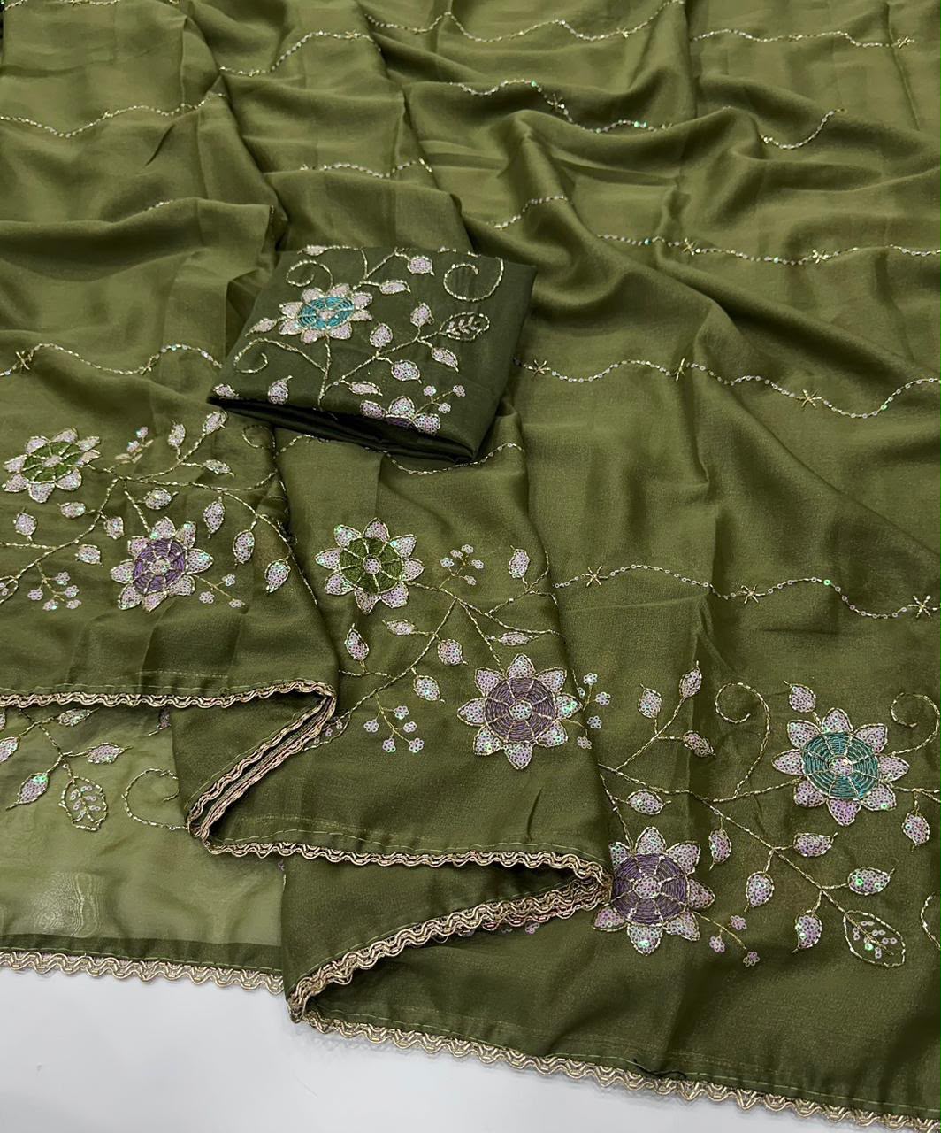 Designer Saree with Heavy Work Blouse & Lace Border