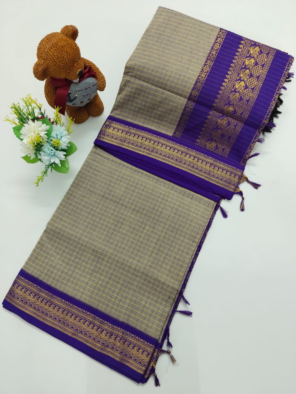 Checked Cotton Saree with Zari Pallu & Contrast Blouse