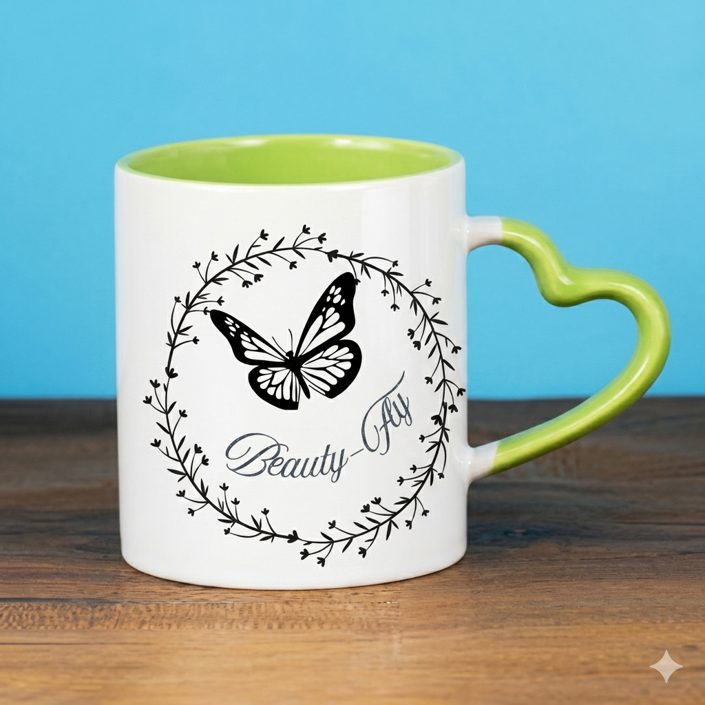 Mug with butterfly design and 'Beauty Fly' text on a wooden surface with blue background