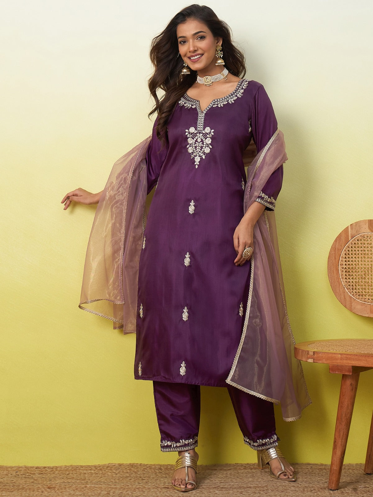 Zari Embroidered Zora Silk Blend Kurta Pant Set with Dupatta