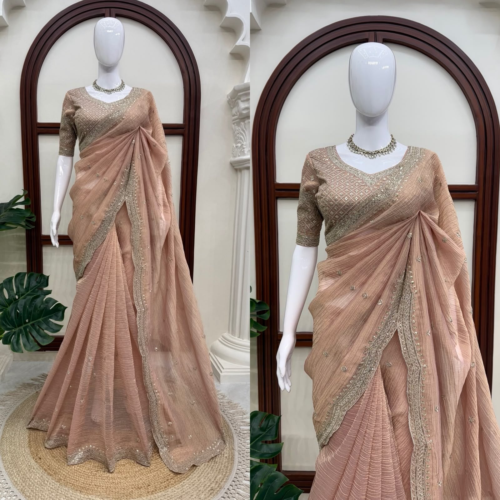 Thread and Sequins Work Tissue Crush Saree with Unstitched Blouse