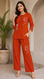 Rayon Slub Embroidered Top & Pant Co-Ord Set