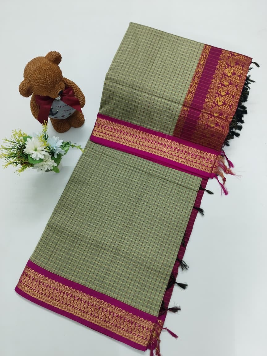 Checked Cotton Saree with Zari Pallu and Contrast Blouse
