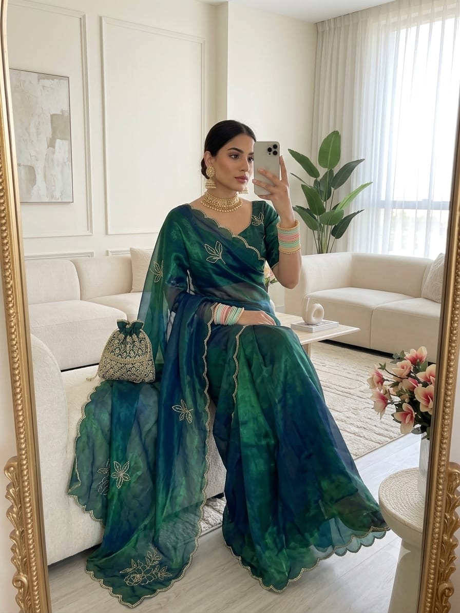 Sunflower Space Silk Satin Saree with Hand Khatli & Cutdana Work