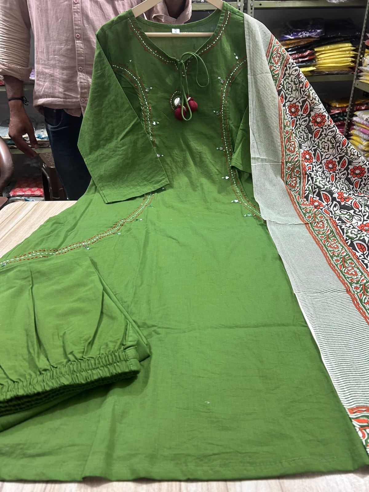 Pure Cotton Mirror Work A-Line Kurta Pant Dupatta Set