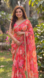 Digital Printed Soft Georgette Saree with Khatli Handwork Blouse