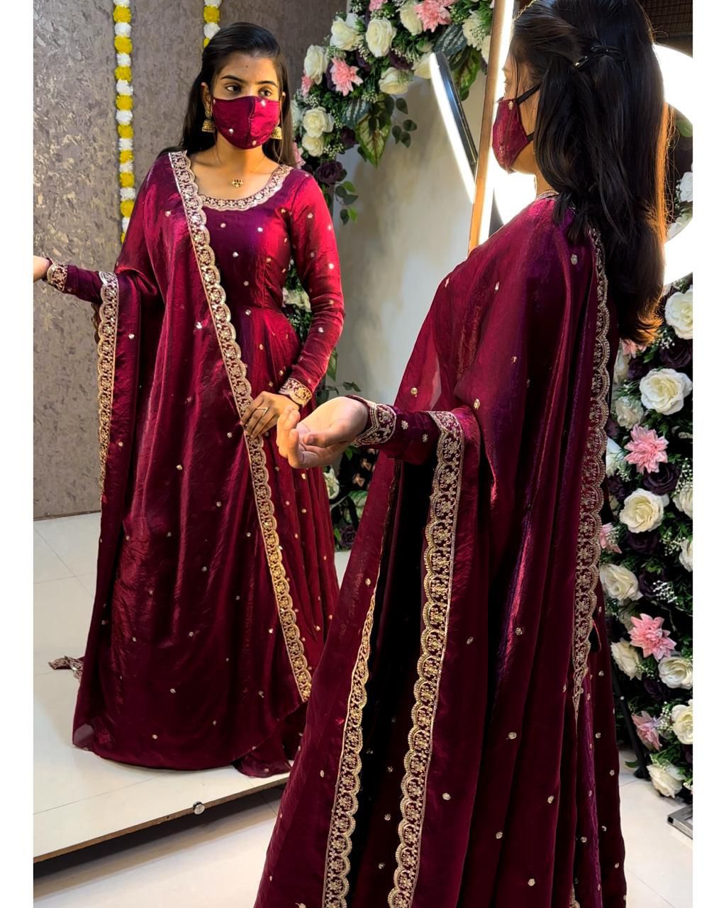 Designer Sequence Embroidered Fendi Silk Gown with Dupatta