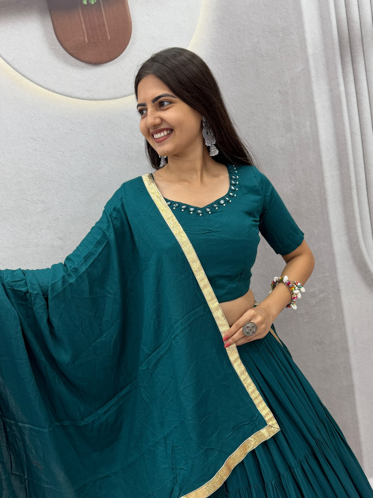 Handmade Mirror Work Rion Cotton Lehenga Choli Set
