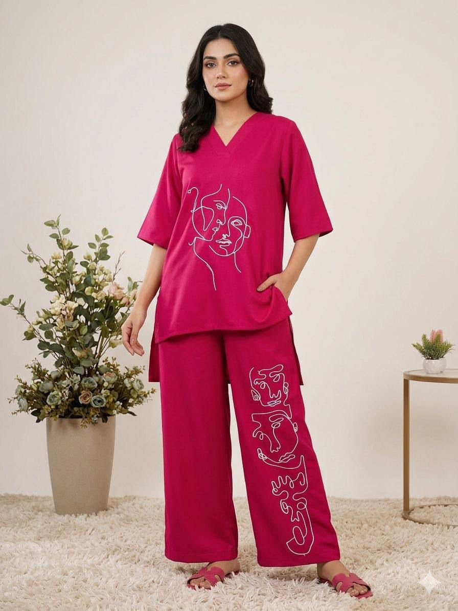 Designer Roman Silk Embroidered Co-Ord Set for Women