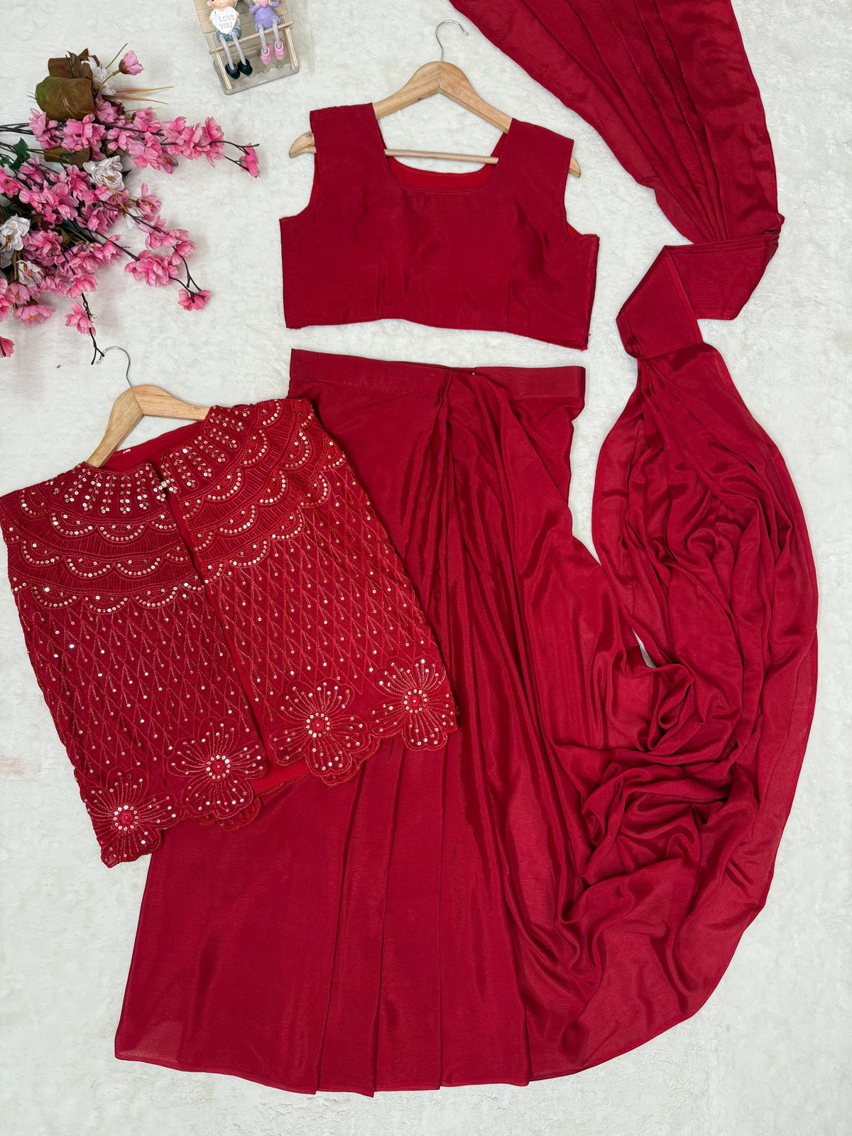 Chinon Silk Ready-to-Wear Saree with Embroidered Jacket & Blouse
