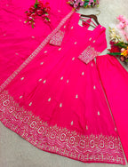 Embroidered Chinon Silk Gown Pant Set with Dupatta