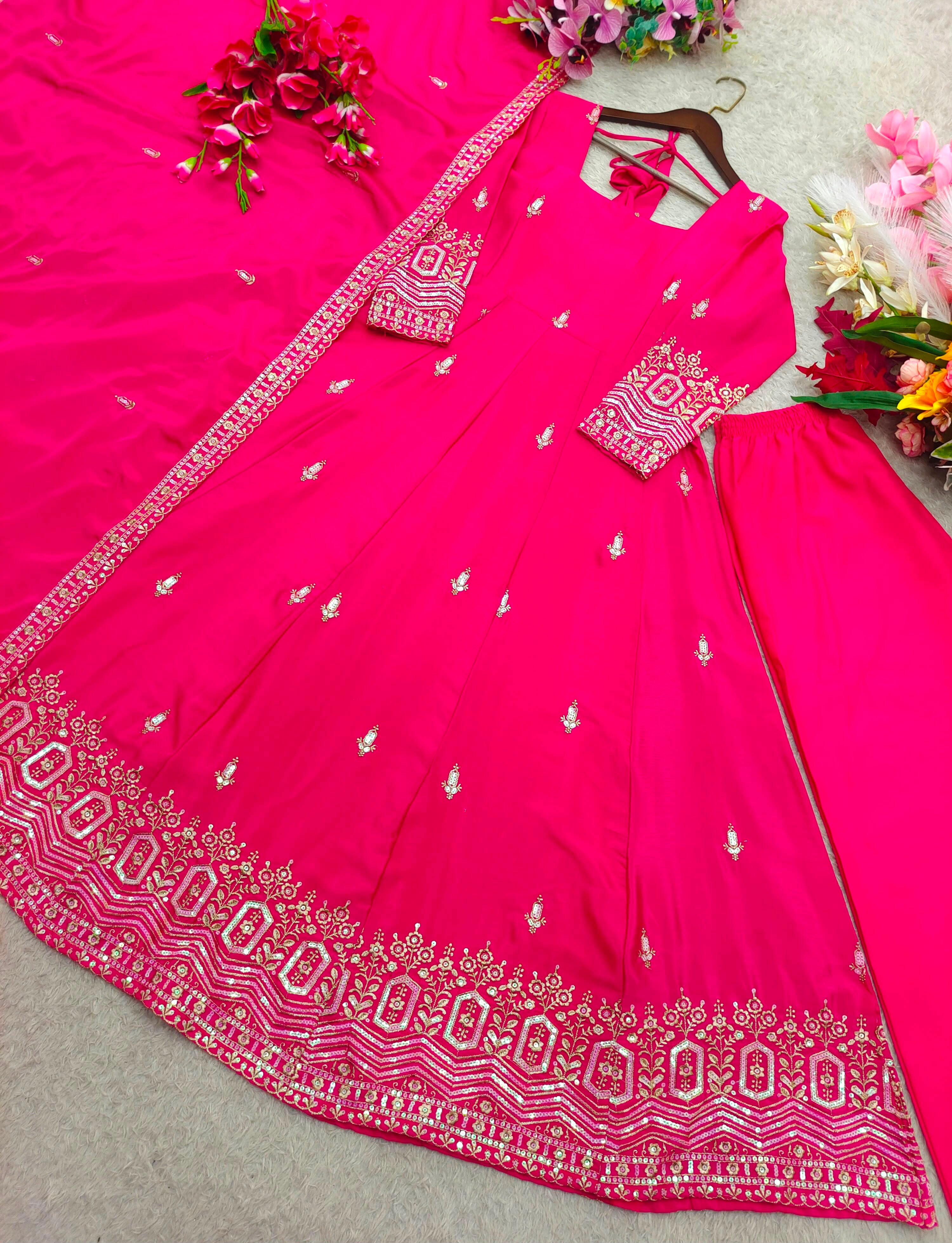 Embroidered Chinon Silk Gown Pant Set with Dupatta