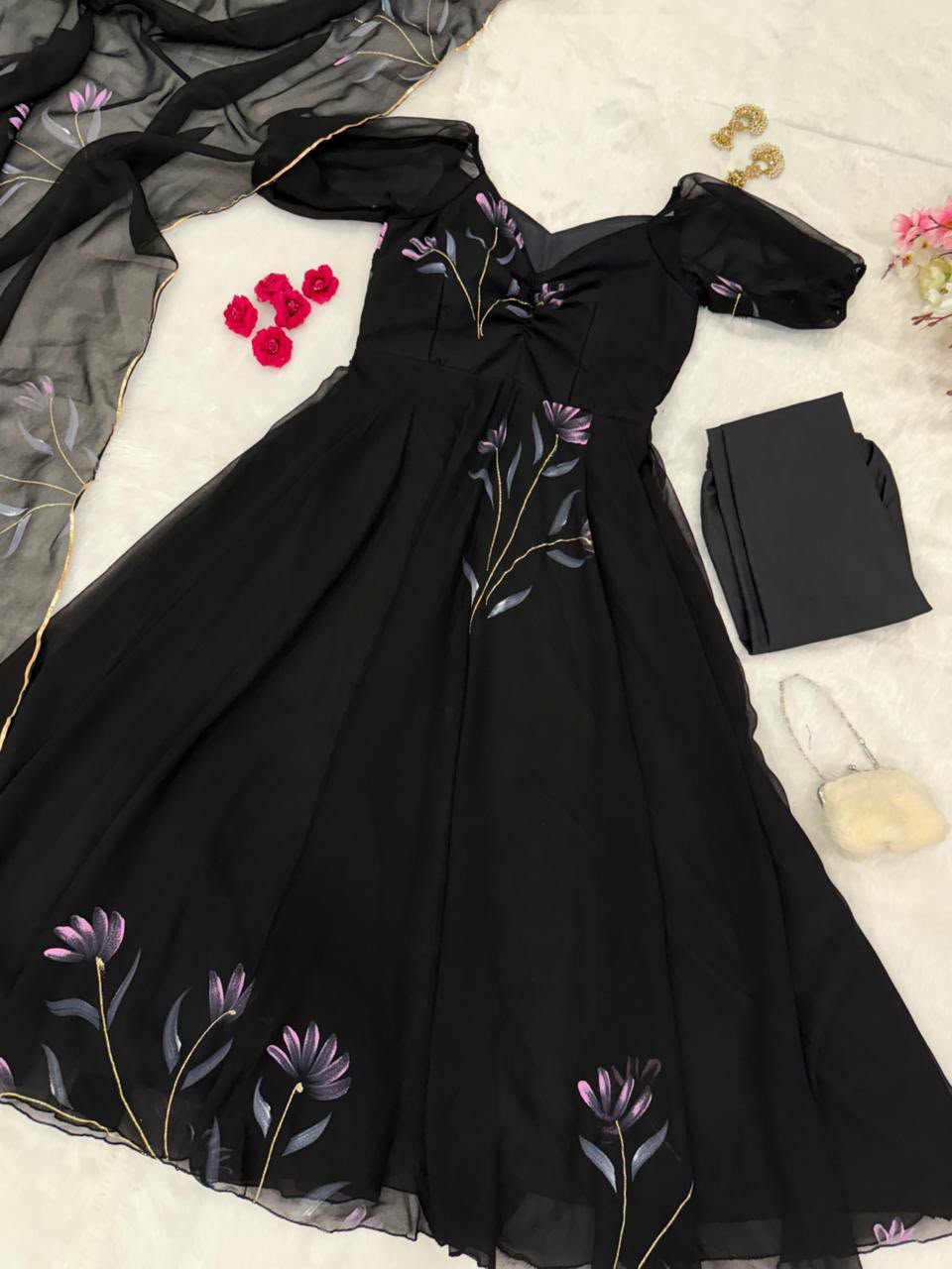 Handpainted Georgette Anarkali Suit Set with Dupatta