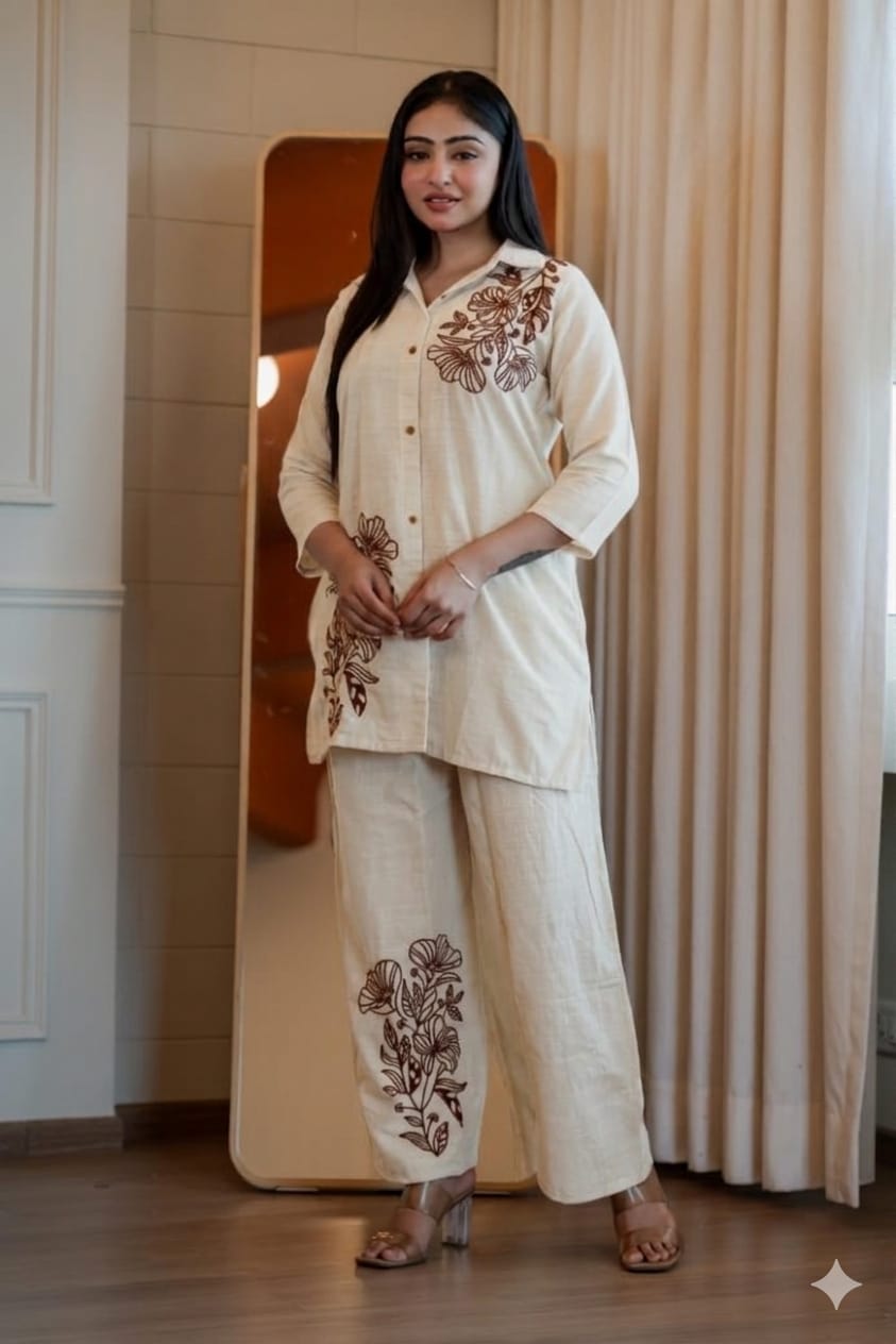 Cotton Slub Embroidered Kurti Pant Set with Pockets