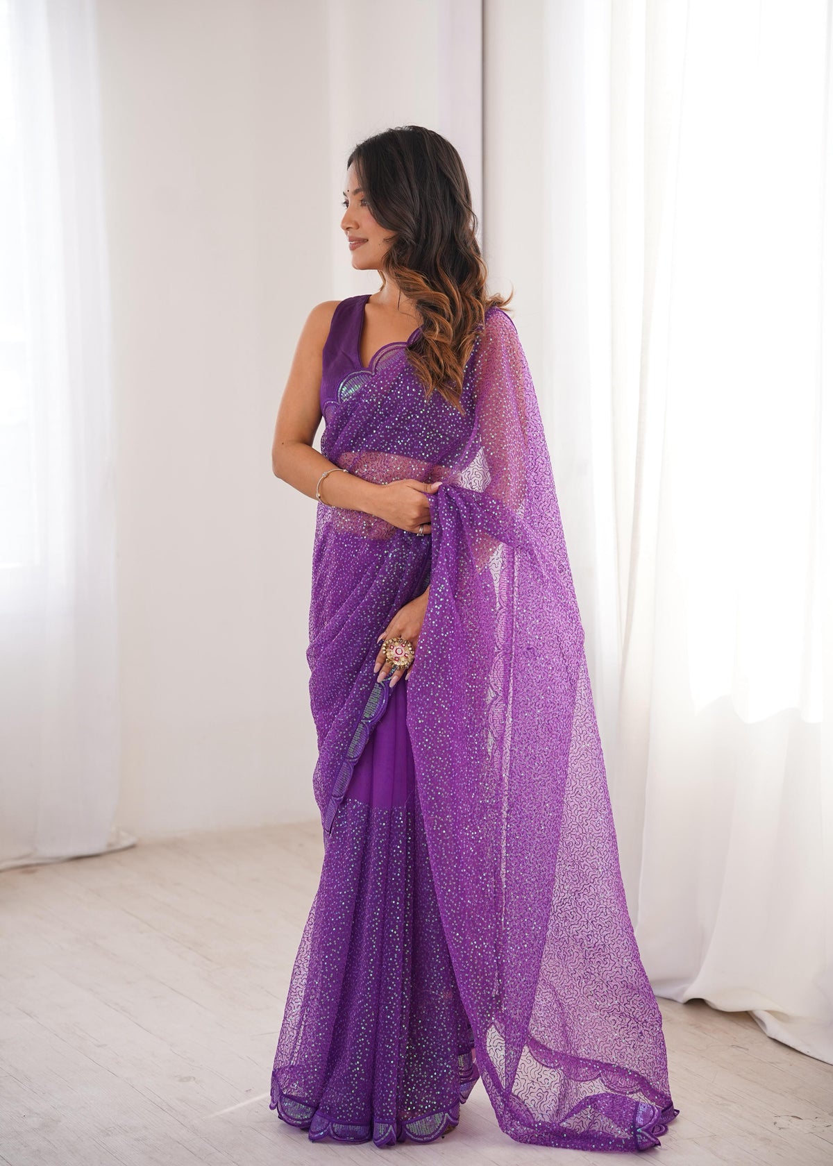 Soft Net Saree with Thread & Sequin Embroidery and Benglori Silk Blouse