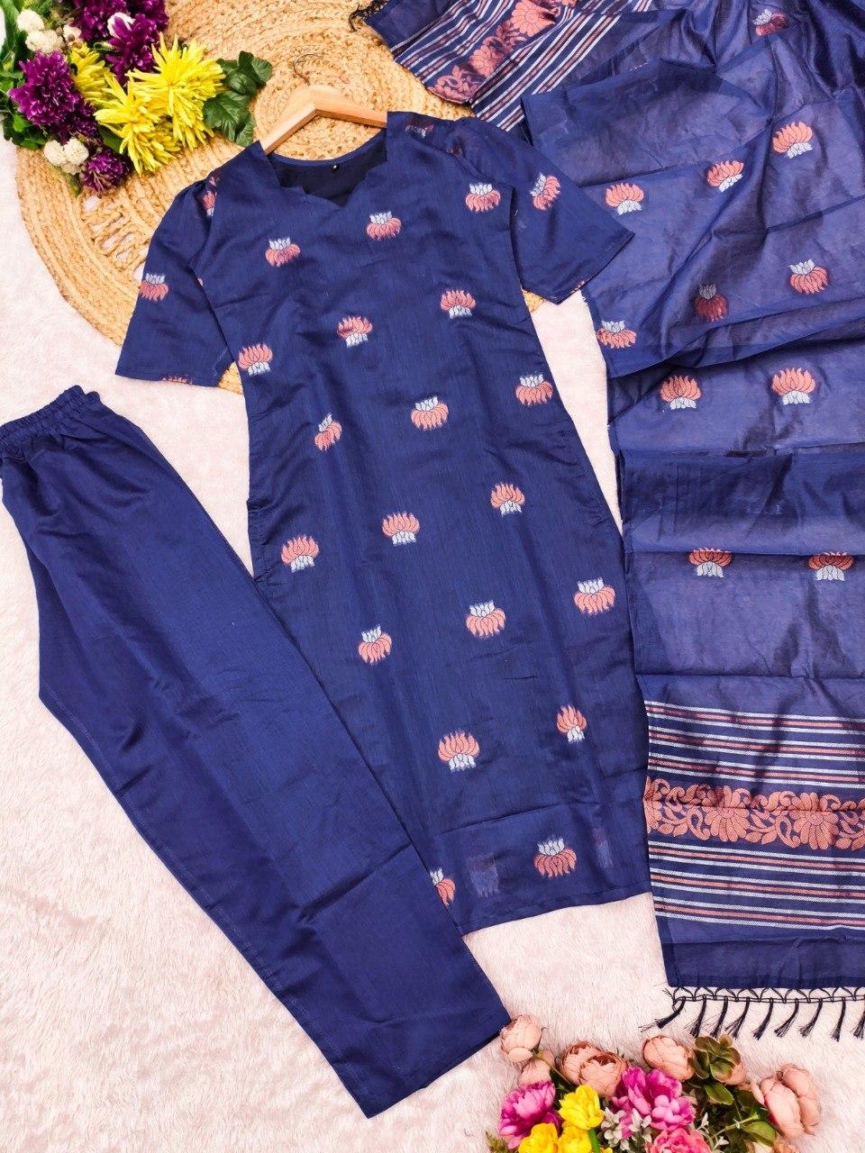 Kanchi Cotton Zari Work Kurta Pant & Dupatta Set