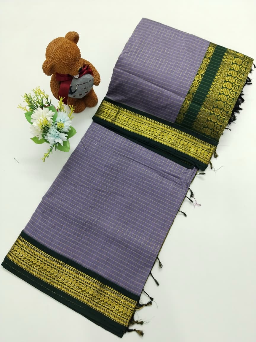 Checked Cotton Saree with Zari Pallu & Contrast Blouse