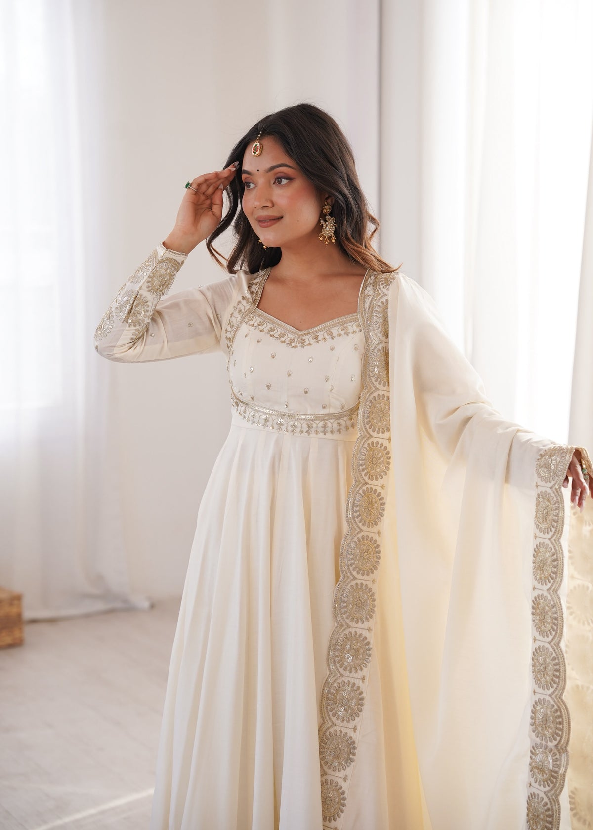 Roman Silk Embroidered Anarkali Gown Set with Chanderi Dupatta
