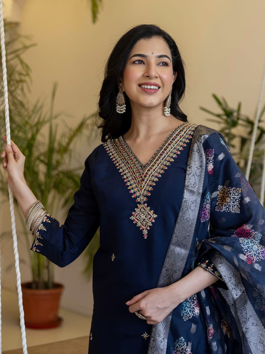 Embroidered Roman Silk Kurta Pant Set with Organza Dupatta