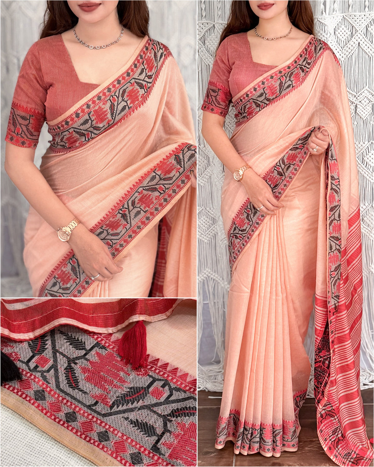Modal Cotton Saree with Contrast Ikkat Border & Woven Pallu