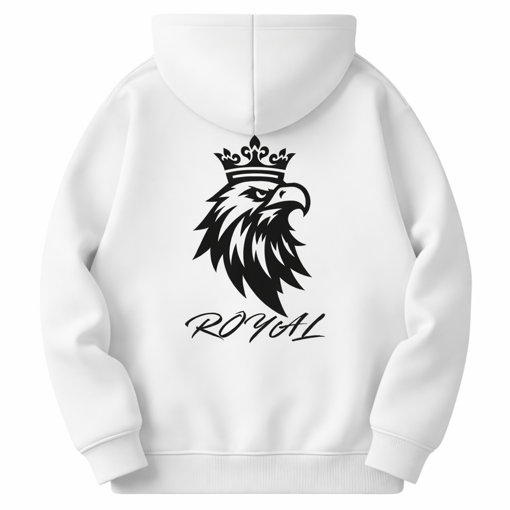 White hoodie with black eagle design and 'ROYAL' text on a white background
