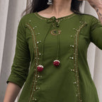 Pure Cotton Mirror Work A-Line Kurta Pant Dupatta Set