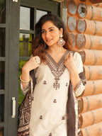 Khadi Cotton Embroidered Kurti Pant Set with Printed Dupatta