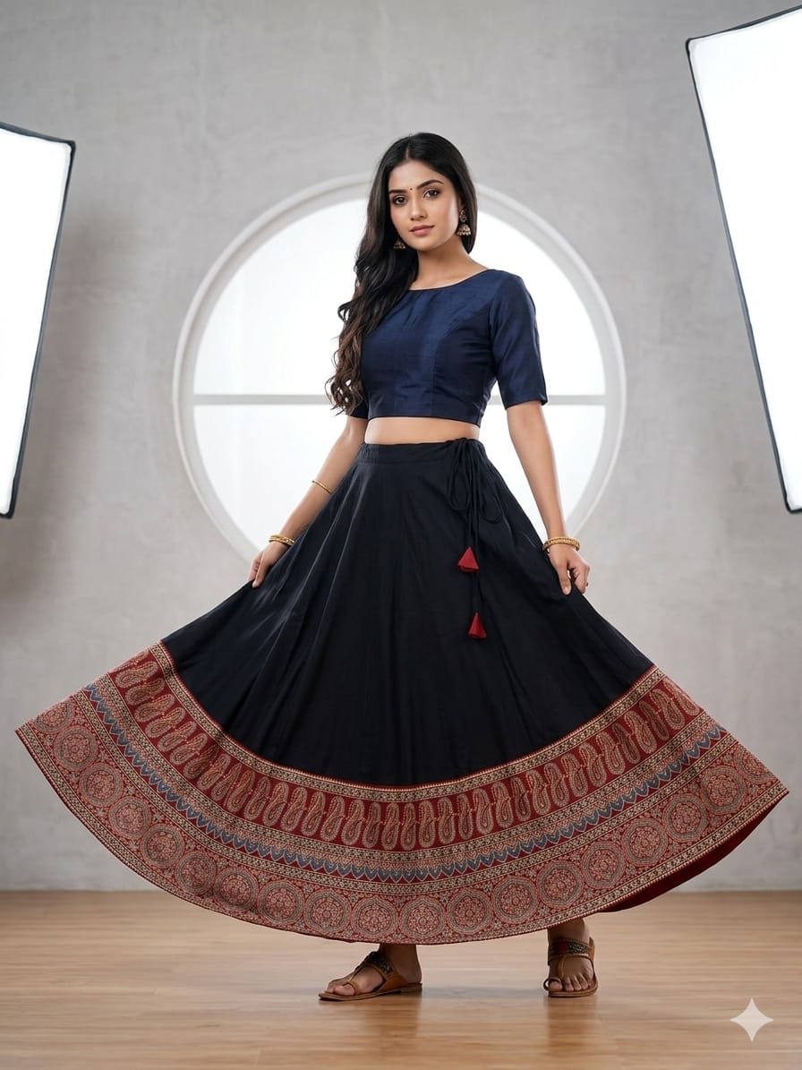 Plain Cotton Kali Skirt with Natural Border