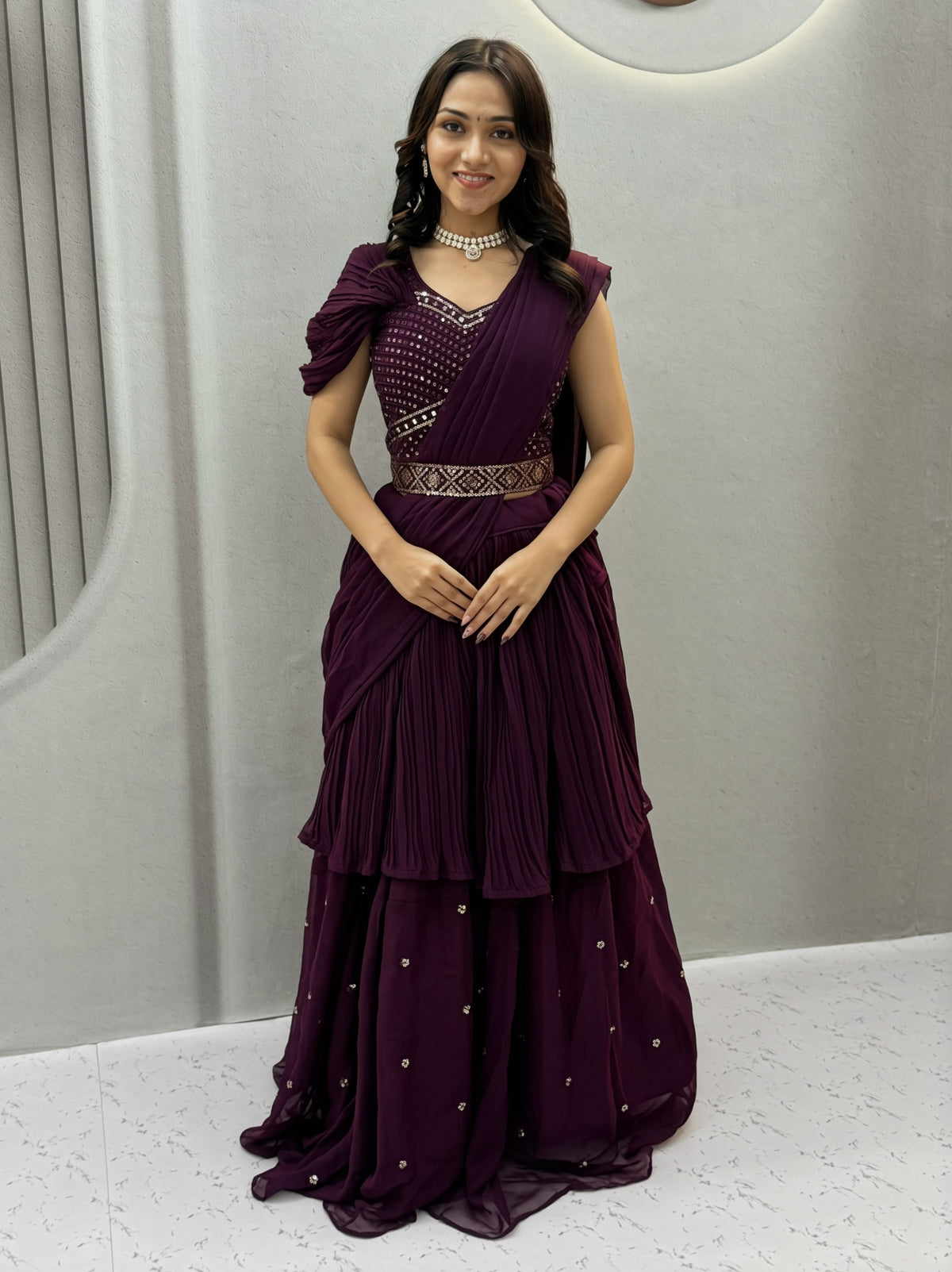 Embroidered Fox Georgette Lehenga Choli with Attached Dupatta
