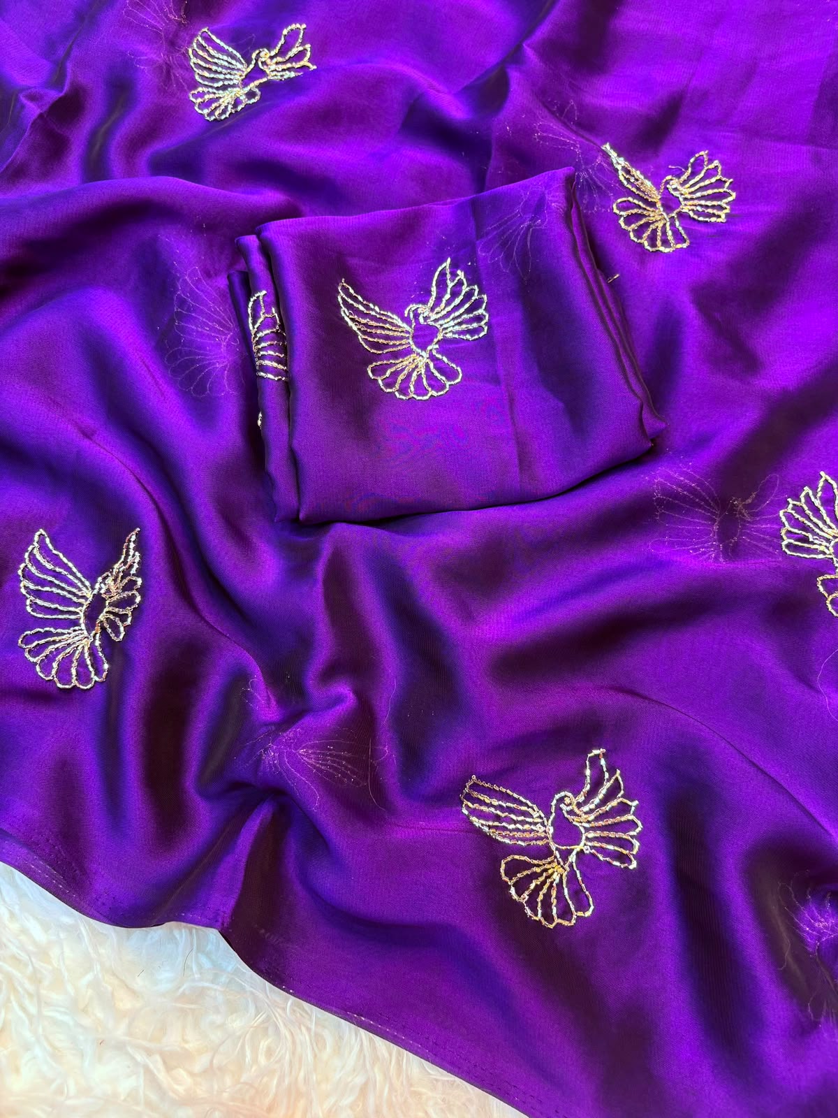 Bird Motif Beaded Rangoli Fabric Saree with Blouse