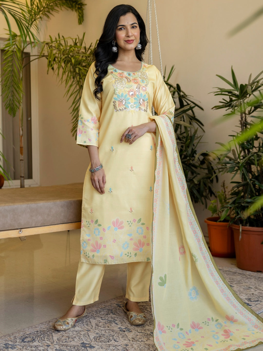 Embroidered Roman Silk Kurta Pant Set with Printed Dupatta