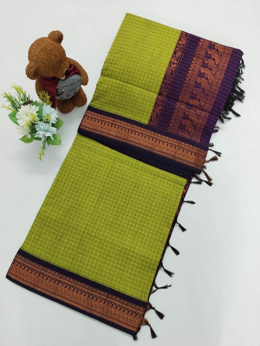 Checked Cotton Saree with Zari Pallu and Contrast Blouse