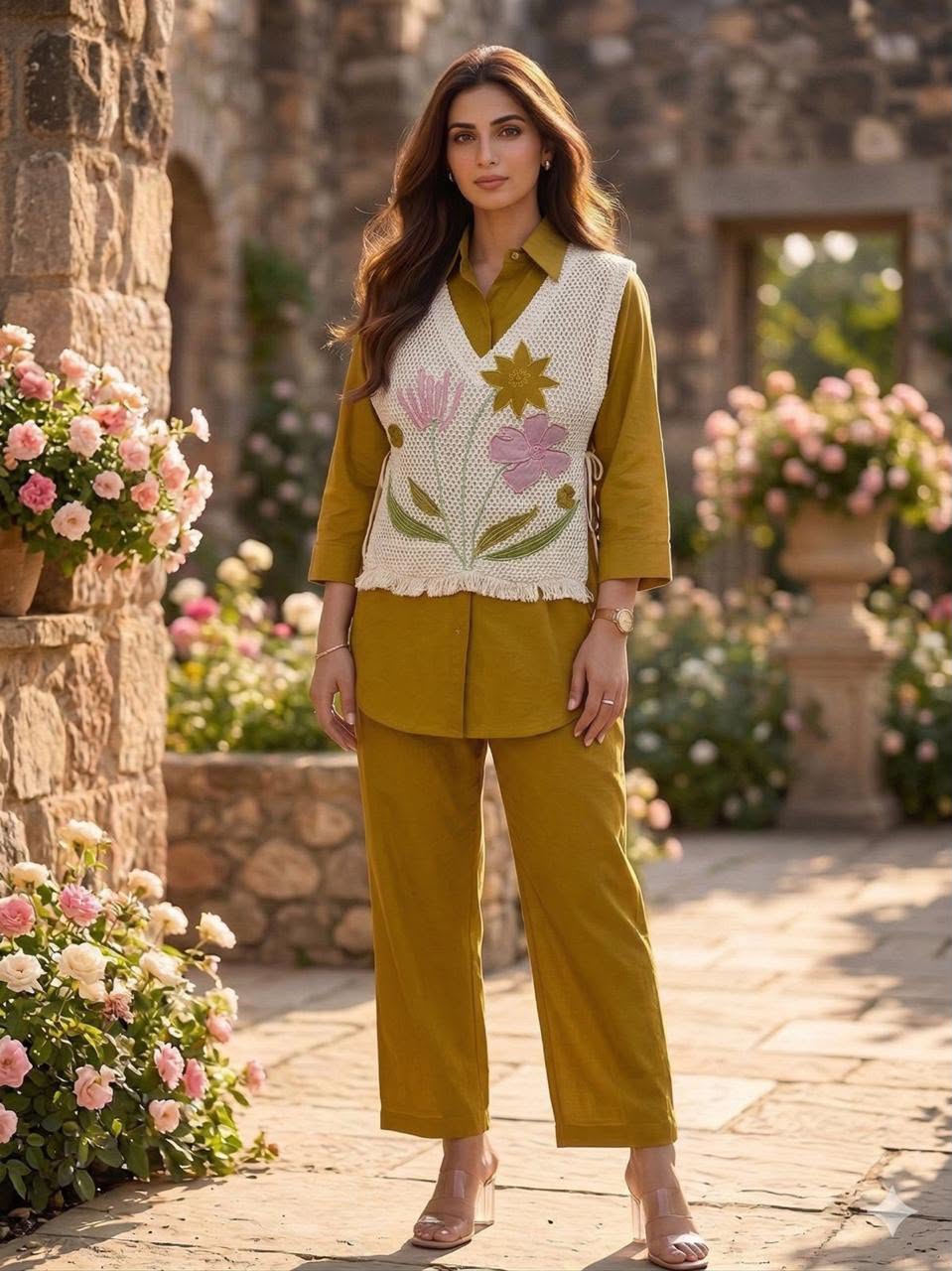 Cotton Co-Ord Set with Jute Jacket & Embroidery