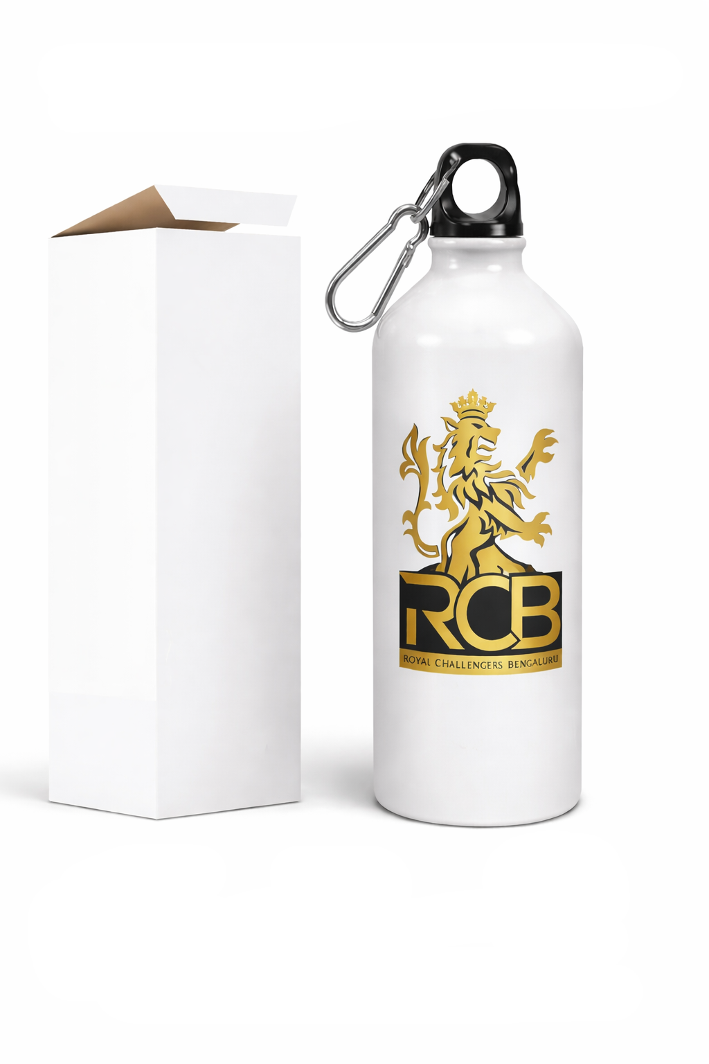White water bottle with RCB logo and packaging on a white background