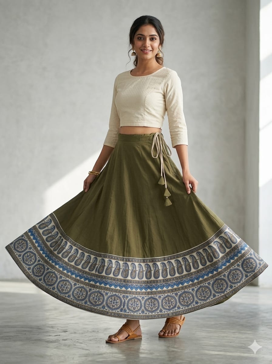Plain Cotton Kali Skirt with Natural Border