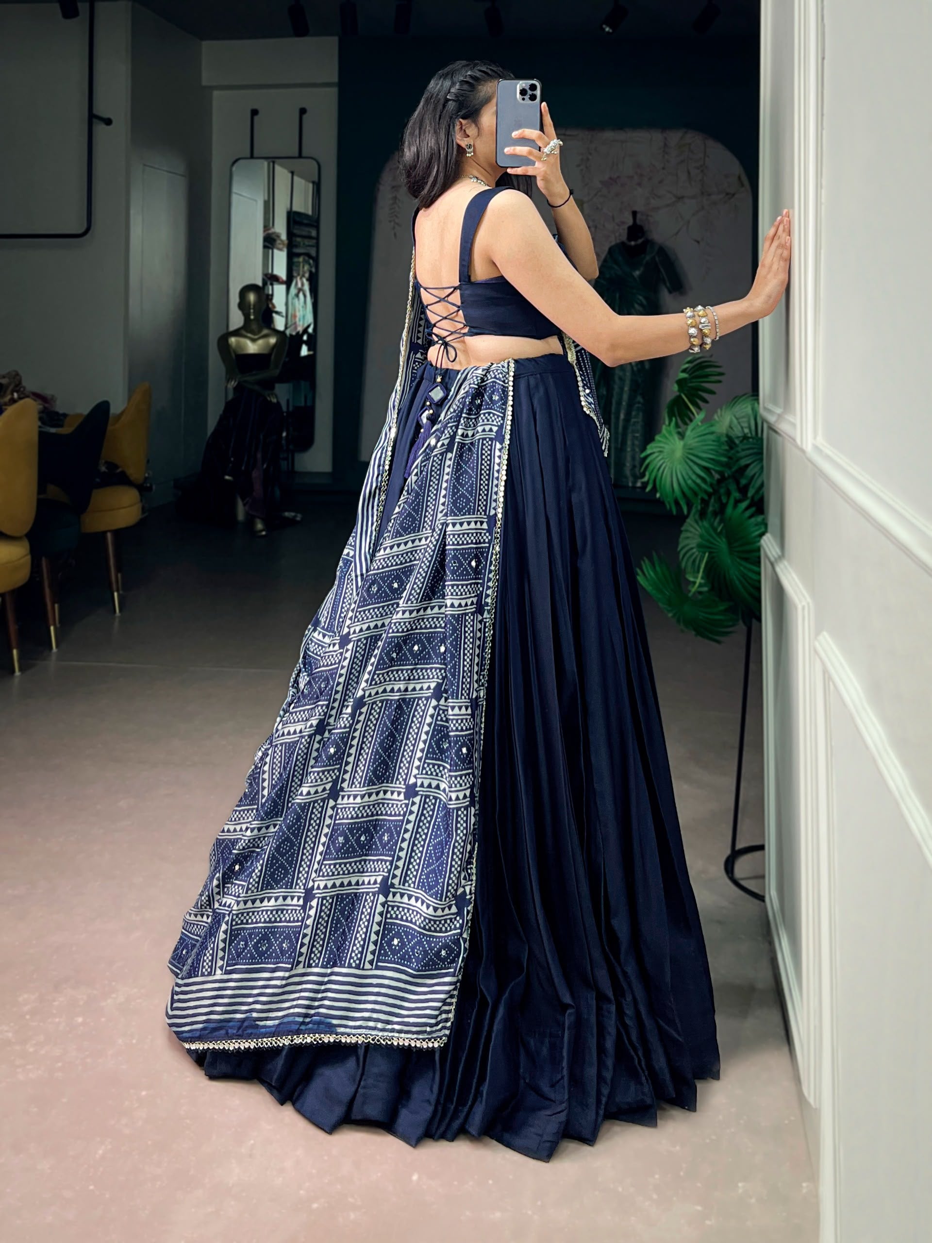 Embroidered Moonga Silk Lehenga Choli Set with Printed Satin Dupatta
