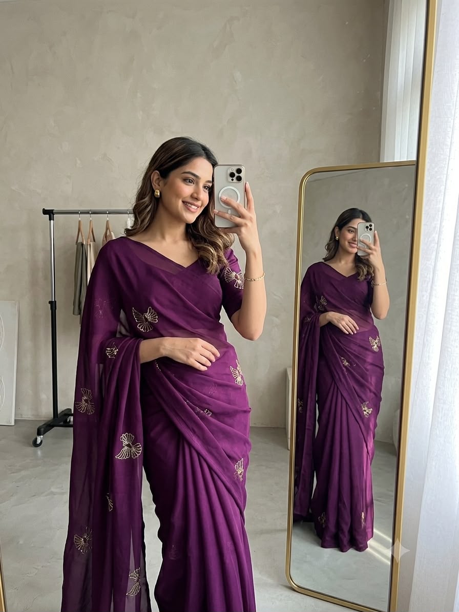 Bird Motif Beaded Rangoli Fabric Saree with Blouse
