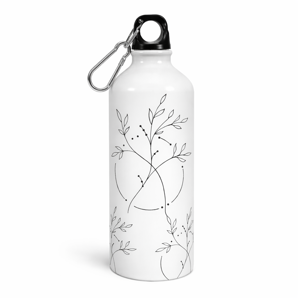 White water bottle with black leaf pattern and carabiner on a white background