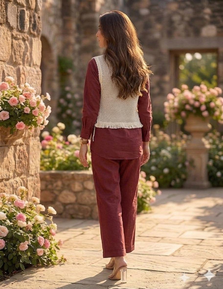 Cotton Co-Ord Set with Jute Jacket & Embroidery