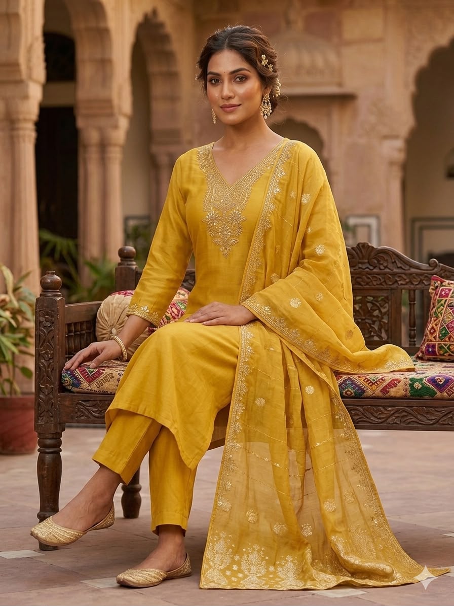 Embroidered Roman Silk Kurti Pant Set with Cotton Silk Dupatta