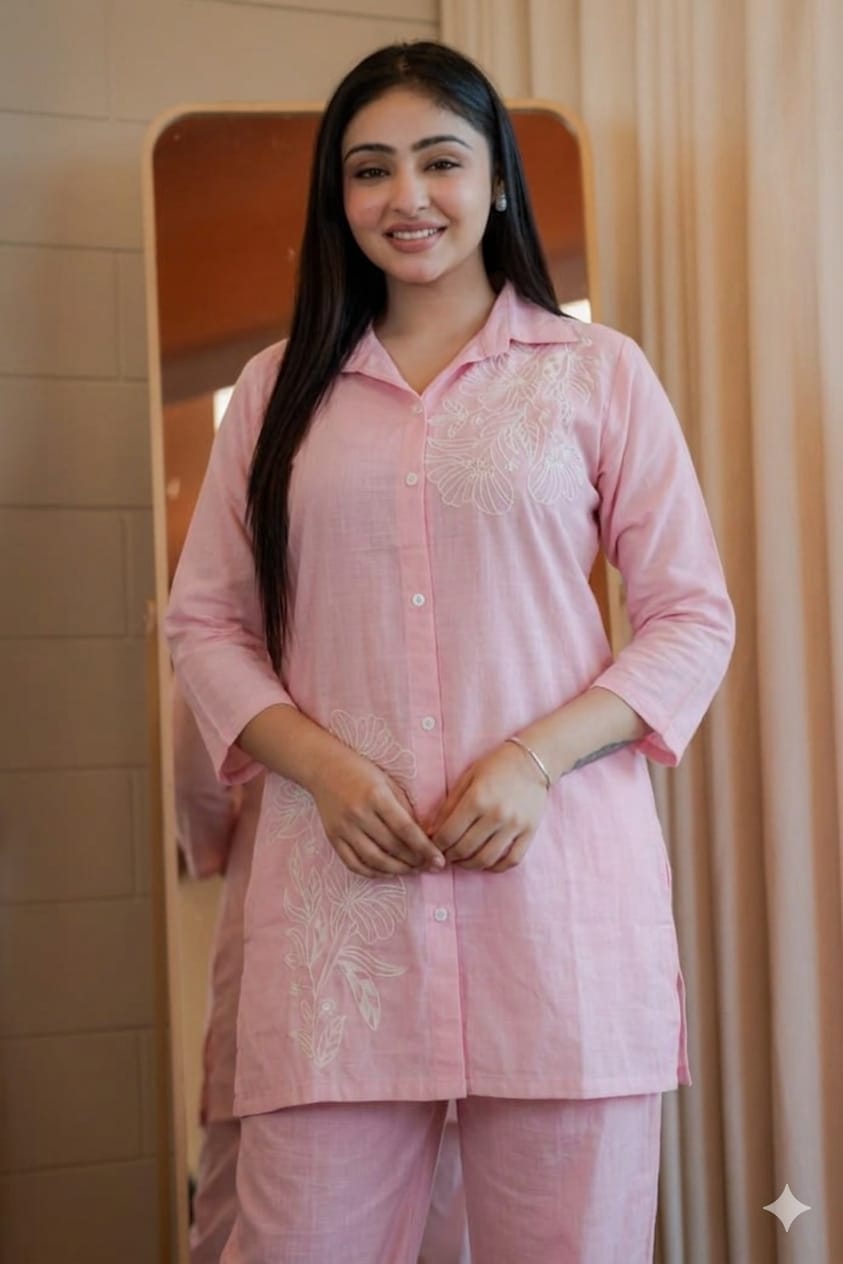 Cotton Slub Embroidered Kurti Pant Set with Pockets