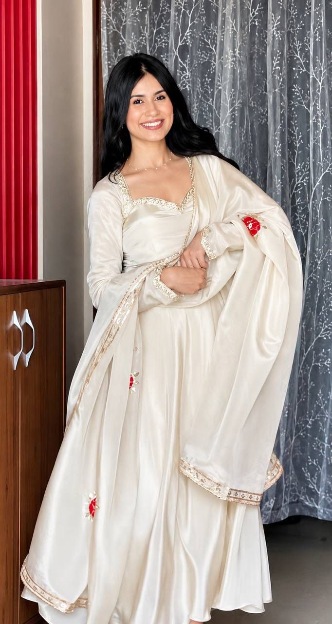 Heavy Upada Silk Embroidered Gown Pant & Dupatta Set